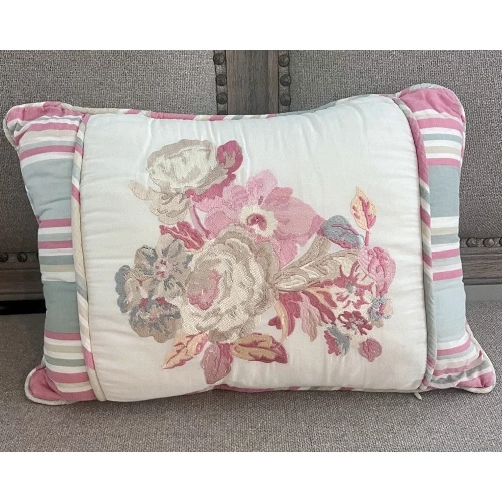 Waverly Spring Bling Farmhouse Floral Embroidered  Pillow Cover Accent Stripe